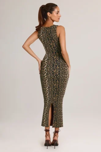 Ainslee Modal Bodycon-midikjole med firkantet hals i leopardmønster