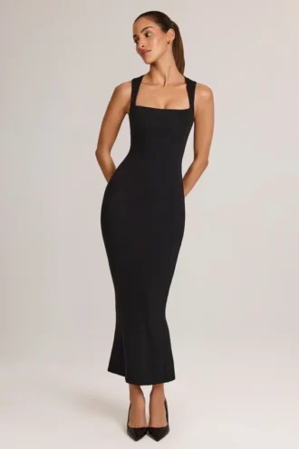 Ainslee Modal Bodycon-midikjole med firkantet hals i svart