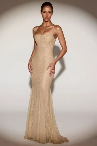 Alabelle Metallic Lace Godet Fishtail Gown i gull