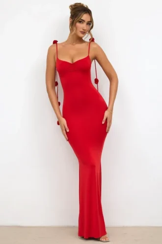 Aldona Slinky Jersey Rose Detail kveldskjole i skarlagenrød