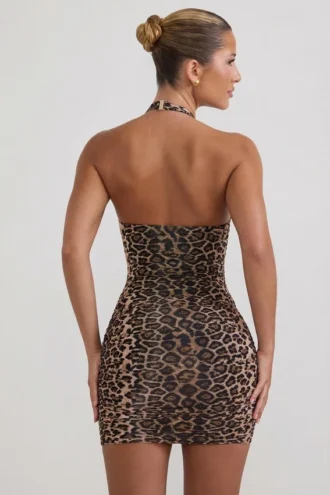 Alena rynket halterneck bodycon minikjole i leopardmønster