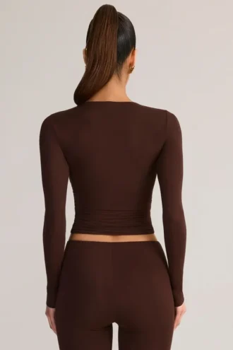 Alia Modal Ruched Langermet Top i Chocolate Brown