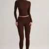 Alia Modal Ruched Langermet Top i Chocolate Brown