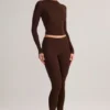 Alia Modal Ruched Langermet Top i Chocolate Brown