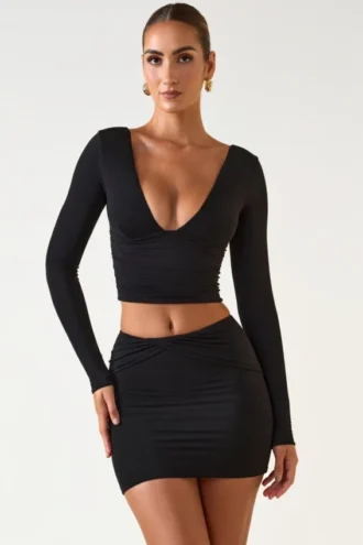 Aliz Modal Twist-Front Mid-Rise Mini Skjørt i svart