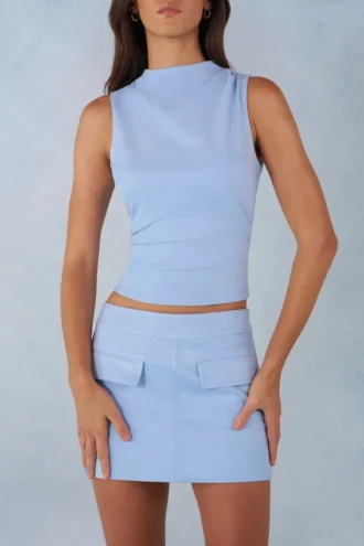 Aurelle-turtleneck-top i imitert semsket skinn i myk blå