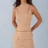 Aurelle turtleneck-top i imitert semsket skinn i tan