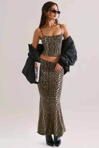 Avenley Modal mid-rise fishtail maxi-skjørt i leopardmønster