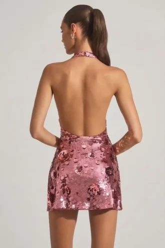 Avenza minikjole med paljetter og halterneck i rosa