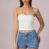 Beata shorts med høy midje og A-linje i midtblå vask