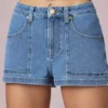 Beata shorts med høy midje og A-linje i midtblå vask