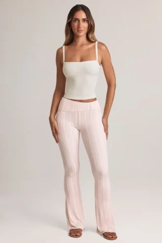 Bebe Modal Foldover Mid-Rise Flared Trousers i stripet mønster