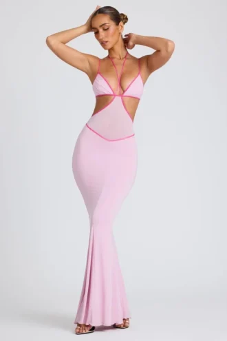 Bella Contrast Binding Cut Out Evening Gown i Soft Pink