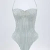 Biarritz Cut-Out Halterneck-badedrakt i blågrønn dobbel stripe