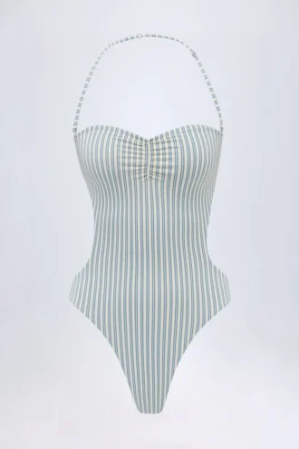 Biarritz Cut-Out Halterneck-badedrakt i blågrønn dobbel stripe
