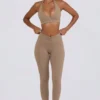 Børstet jersey-leggings med rynk og middels høy midje i mokka melert