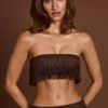 Bruma Bandeau-crop-top med snøring og frynser i sjokoladebrun