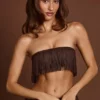 Bruma Bandeau-crop-top med snøring og frynser i sjokoladebrun
