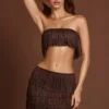 Bruma Bandeau-crop-top med snøring og frynser i sjokoladebrun