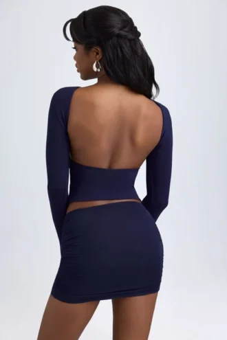 Cali Modal Ruched Mid-Rise Mini Skjørt i True Navy