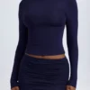 Cali Modal Ruched Mid-Rise Mini Skjørt i True Navy