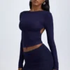 Cali Modal Ruched Mid-Rise Mini Skjørt i True Navy