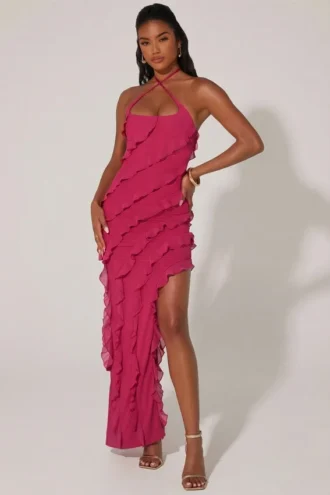 Calico Cross Strap Ruffle Floor Length Kjoler i fuchsia