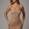 Caprice gjennomsiktig bodycon-minikjole med pynt i fargen Almond
