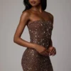 Caprice gjennomsiktig, pyntet bodycon-minikjole i Deep Cocoa