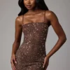 Caprice gjennomsiktig, pyntet bodycon-minikjole i Deep Cocoa