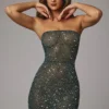 Caprice gjennomsiktig, pyntet bodycon-minikjole i smaragd