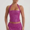 Caralie pyntet halterneck-korsett-top i magenta