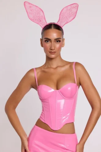 Cassandra vinyl-korsett-crop-top med bøyle i rosa