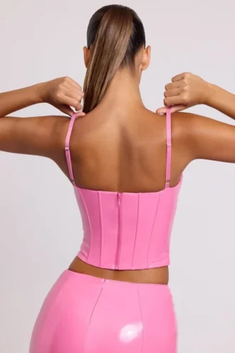 Cassandra vinyl-korsett-crop-top med bøyle i rosa