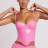 Cassandra vinyl-korsett-crop-top med bøyle i rosa