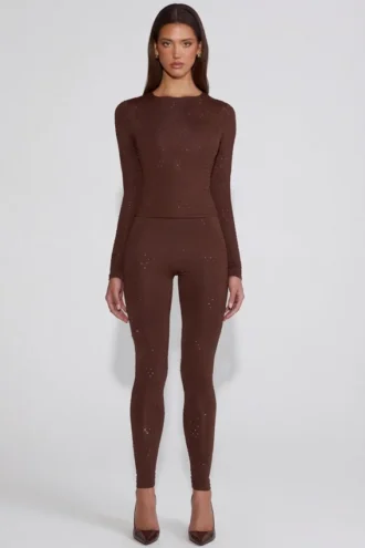 Cassie pyntede jersey-leggings med høy midje i sjokoladebrun