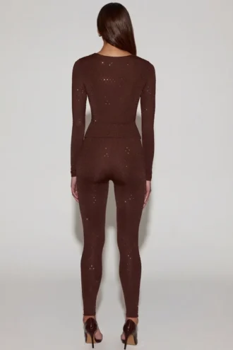 Cassie pyntede jersey-leggings med høy midje i sjokoladebrun