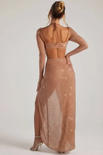 Champel pyntet maxi-kjole med cowl-hals i nude