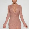 Chelsea pyntet mini-kjole med A-linje og krysset dekolleté i beige