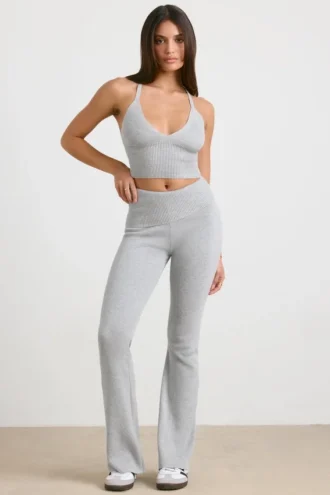 Chunky Knit Foldover Kick Flare-bukser i grå melert