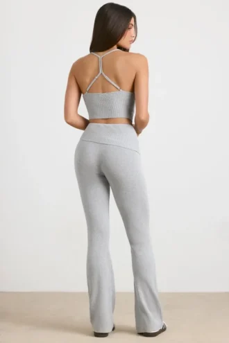 Chunky Knit Foldover Kick Flare-bukser i grå melert