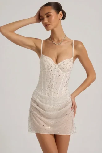 Connie Semi-Sheer Embellished Draped Corset Minikjoler i hvitt