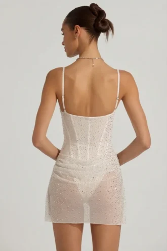 Connie Semi-Sheer Embellished Draped Corset Minikjoler i hvitt