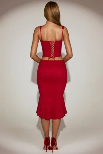 Coral Lace Mid-Rise Fluted Midi Skjørt i True Red