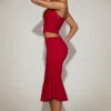 Coral Lace Mid-Rise Fluted Midi Skjørt i True Red