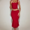 Coral Lace Mid-Rise Fluted Midi Skjørt i True Red