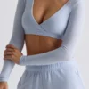 Crop-top i børstet jersey med V-hals i Soft Blue