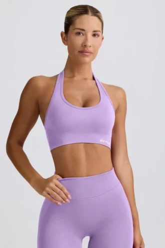Define Luxe sports-BH med halterneck i lilla