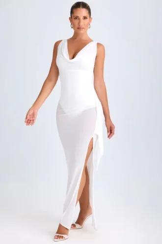 Deva Ruffle-Trim Cowl-Neck Midaxi-kjoler i hvitt