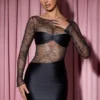Eliette langermet drapert bodycon-minikjole med blonder i svart